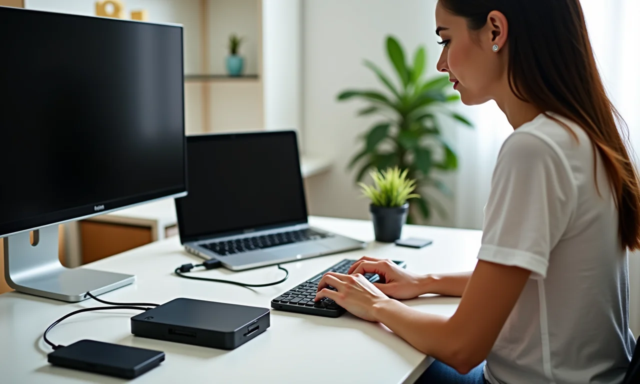 Mulher conectando múltiplos dispositivos a uma docking station, expandindo as portas do notebook.