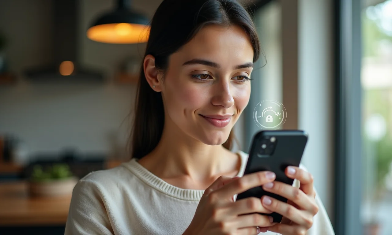 Mulher desbloqueando smartphone com reconhecimento facial em casa.