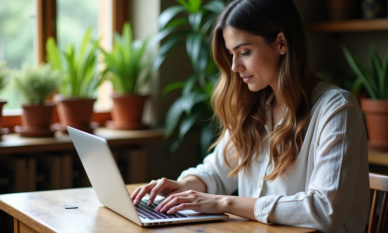 Mulher digitando uma senha forte em um laptop, com decoração vibrante ao fundo.