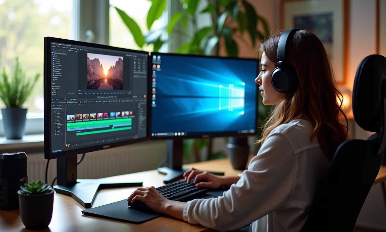 Mulher editando vídeo 4K em PC de alta performance com Core i7.