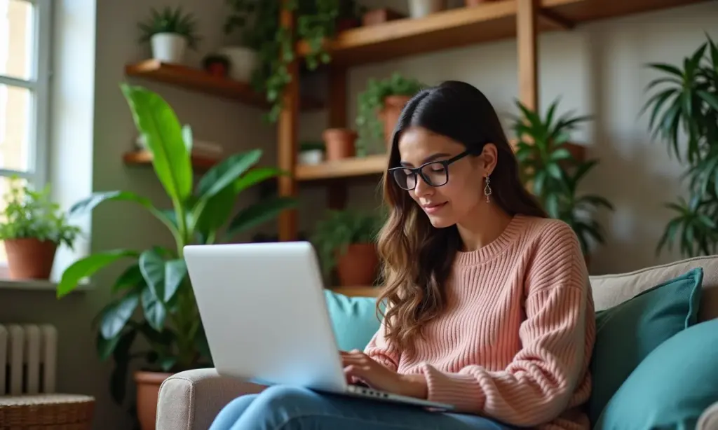 Repetidores vs Mesh Wi-Fi: Qual a Melhor Solução para Sua Casa? Mulher escolhendo entre repetidor Wi-Fi e sistema mesh em casa com decoração vibrante.