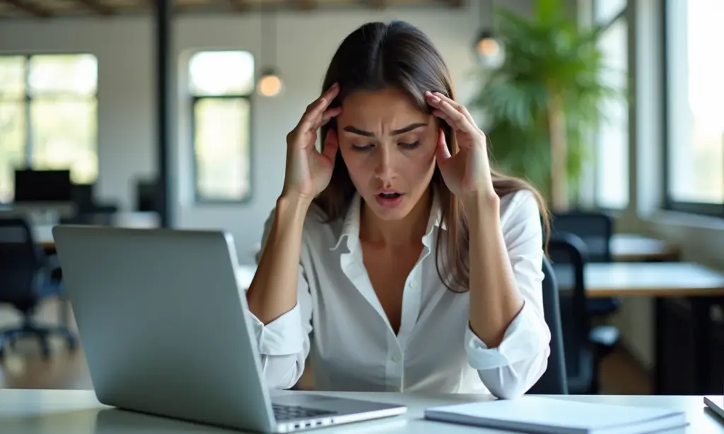 Autenticação de Dois Fatores (2FA) para Proteger Contas Usadas no PC (2025) Mulher frustrada com autenticação de dois fatores no laptop.