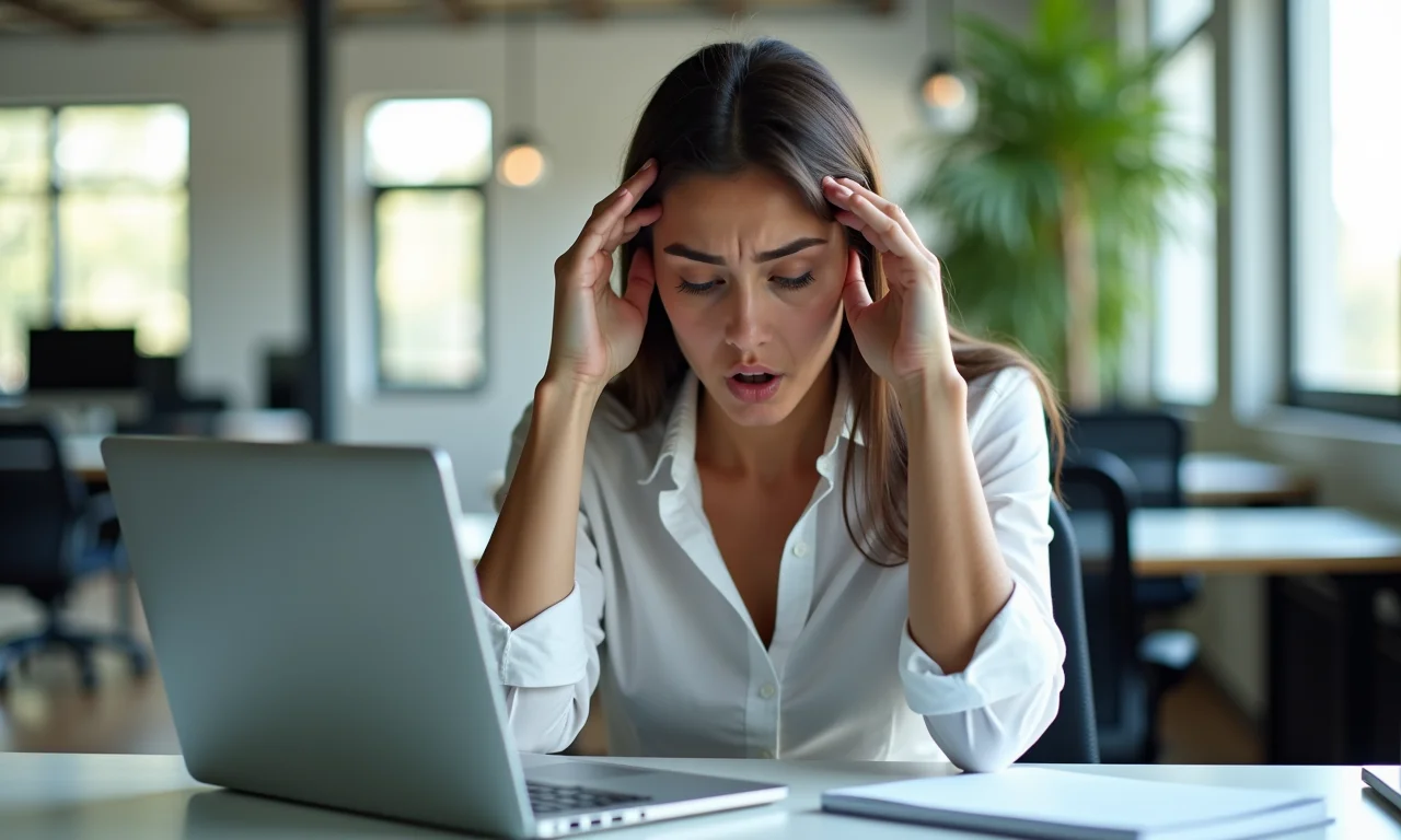 Mulher frustrada com autenticação de dois fatores no laptop.