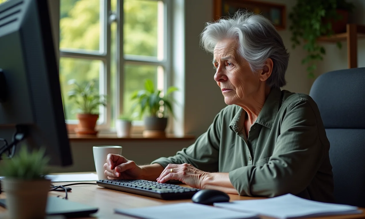 Mulher idosa estressada com a lentidão do computador.
