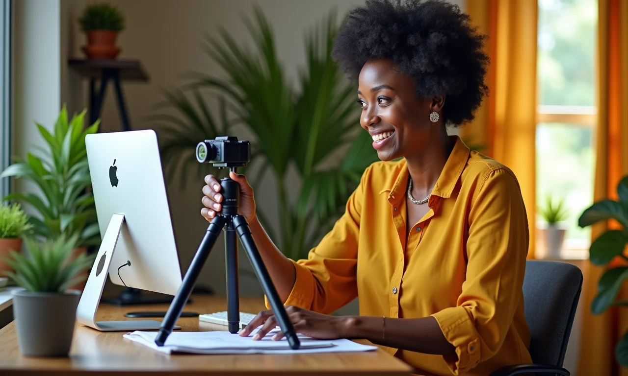 Mulher movendo facilmente um tripé de webcam leve em seu escritório decorado em estilo brasileiro.