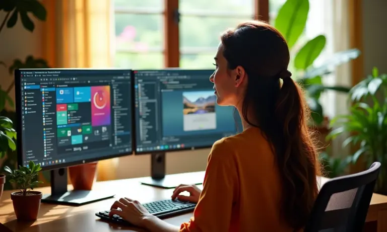 Mulher organizando áreas de trabalho virtuais no Windows, ambiente de escritório em casa com decoração brasileira.