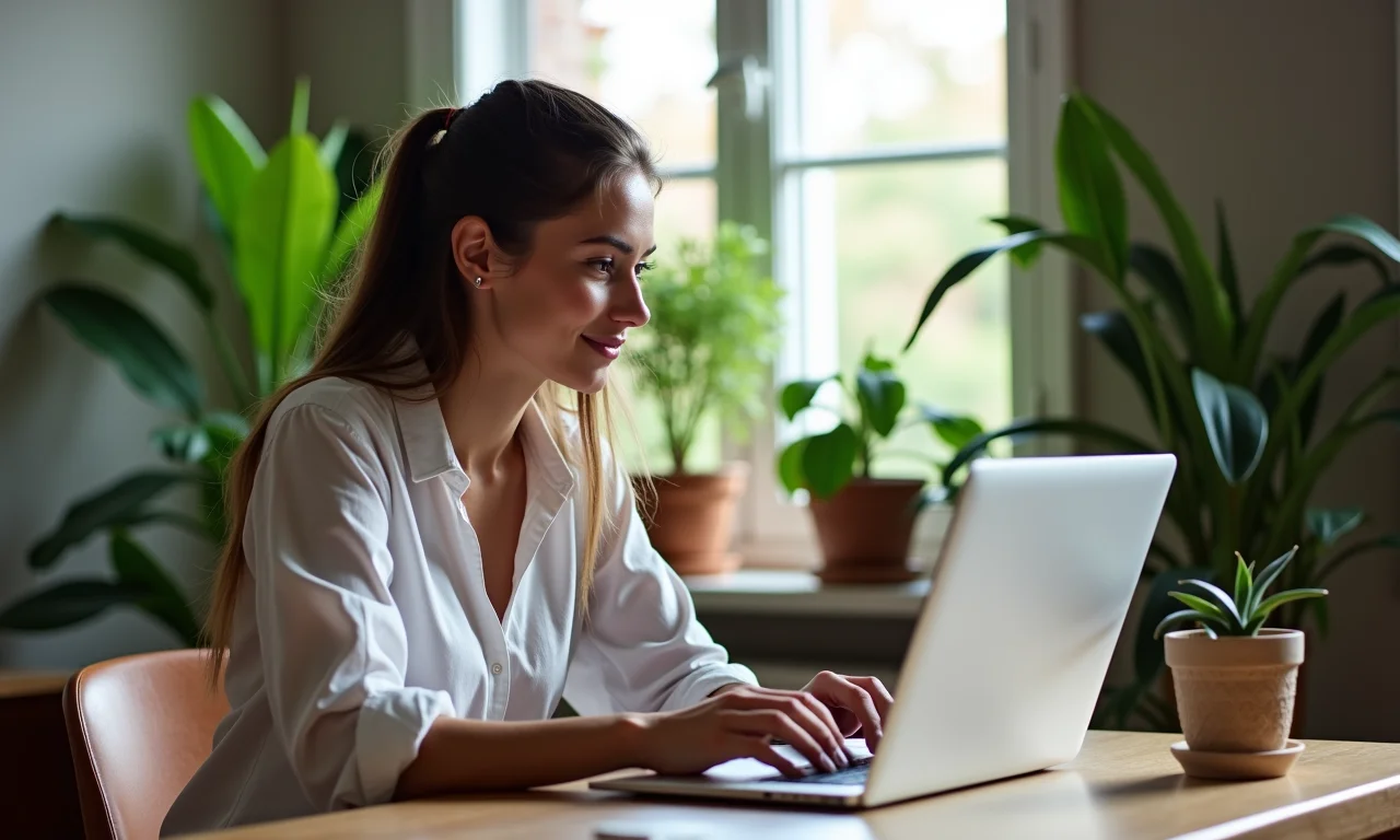 Mulher otimizando seu SSD em um laptop em um apartamento brasileiro.