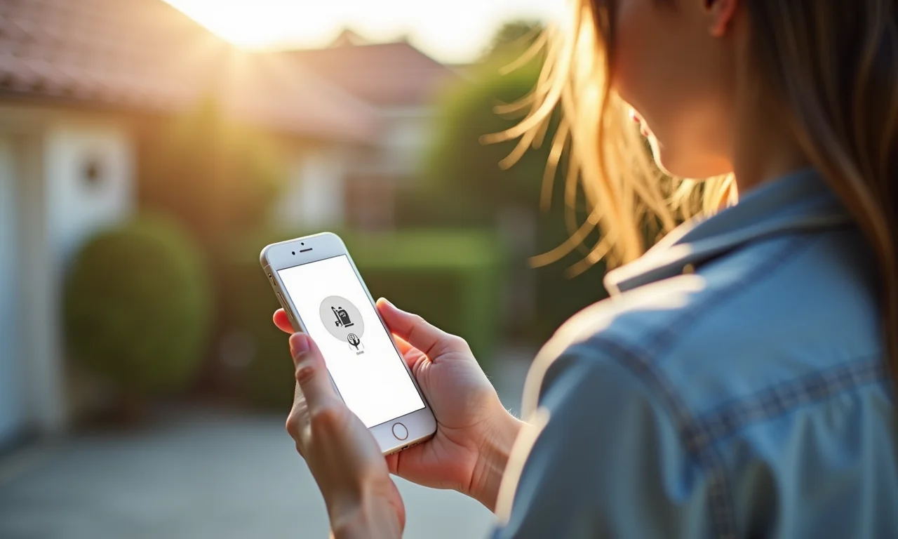 Mulher recebendo alerta de sensor de movimento no celular em casa.
