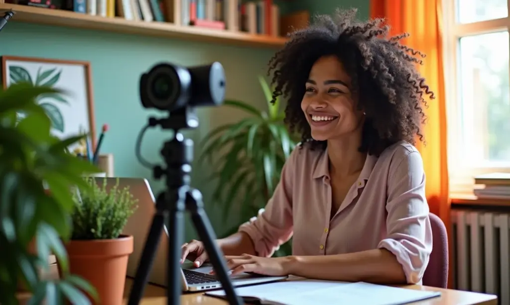 Mulher sorrindo em videochamada com webcam em um tripé, escritório decorado em estilo brasileiro vibrante.