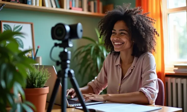 Mulher sorrindo em videochamada com webcam em um tripé, escritório decorado em estilo brasileiro vibrante.
