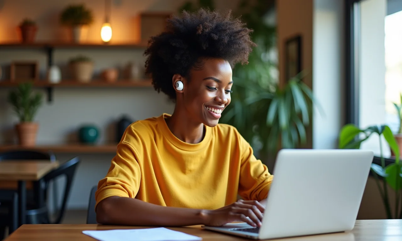Mulher usando AirPods Pro 4 confortavelmente em ambiente de trabalho.