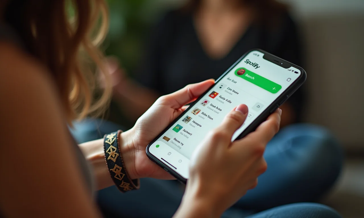 Mulher usando busca inteligente do Spotify para playlist.