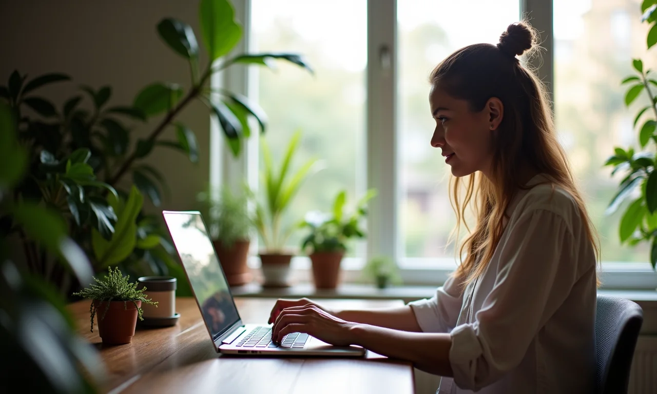 Mulher usando notebook touchscreen em apartamento vibrante.