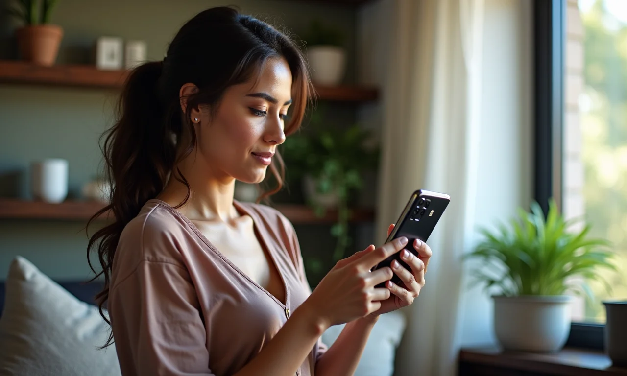 Mulher usando um smartphone Samsung Galaxy em um apartamento moderno.