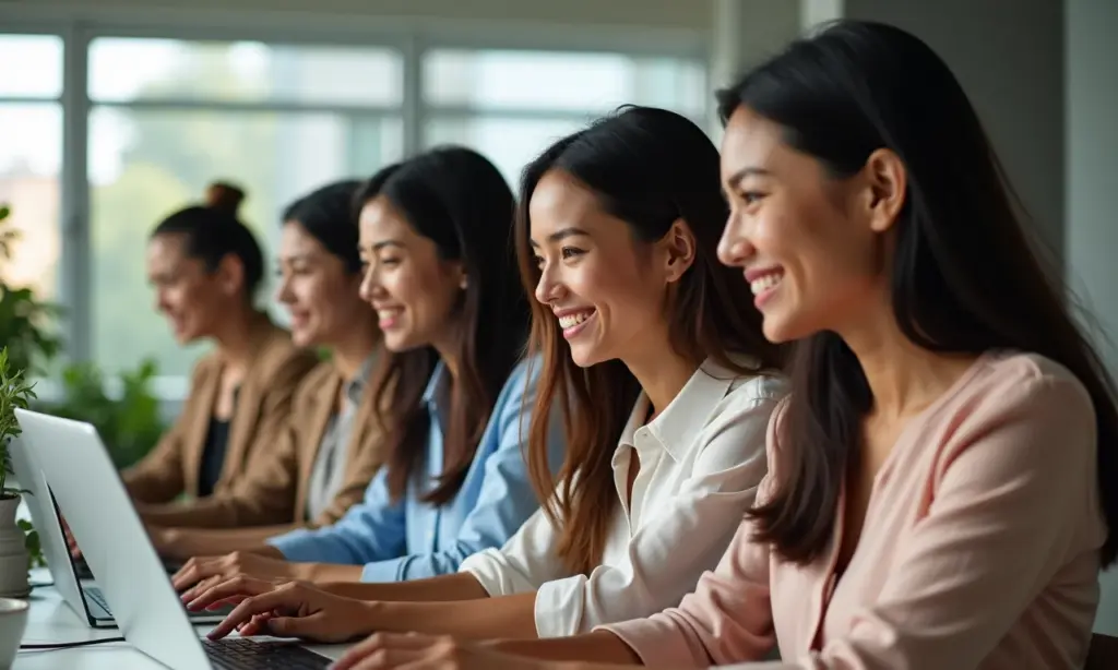 Mulheres diversas colaborando em código, transmitindo a ideia de herança na programação.