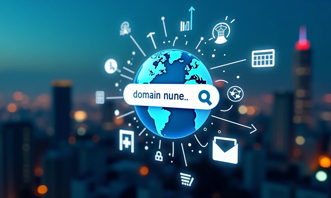 Nome de domínio em um motor de busca cercado por ícones de SEO.