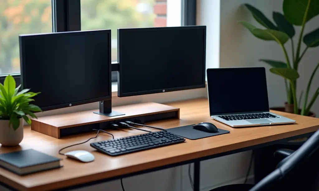 Notebook conectado a uma docking station em uma mesa de escritório organizada com múltiplos monitores.