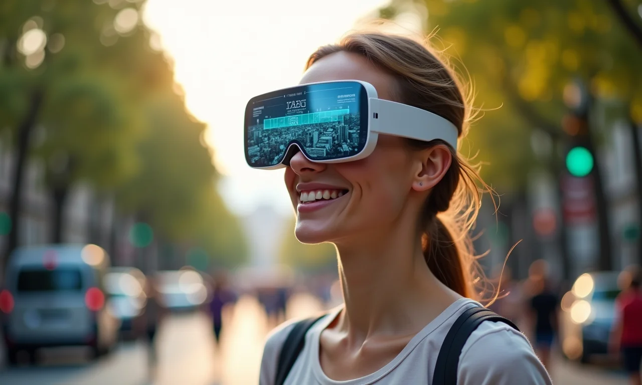 Óculos de RA sobrepondo informações digitais ao mundo real, com sensores e câmeras integradas.