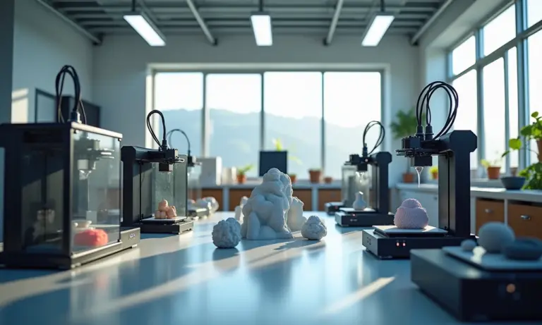 Oficina moderna com impressoras 3D criando objetos diversos.