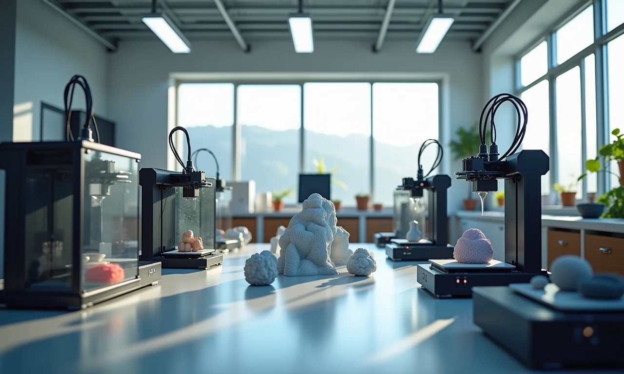 Oficina moderna com impressoras 3D criando objetos diversos.