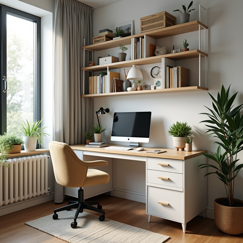 Home office organizado com mesa limpa e prateleiras.