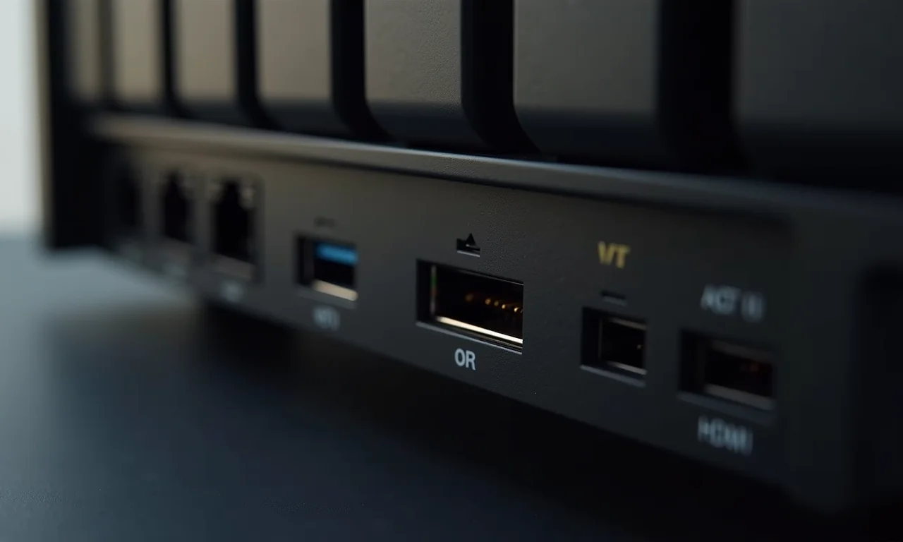 Painel traseiro de um NAS caseiro mostrando as diversas portas e conexões disponíveis.