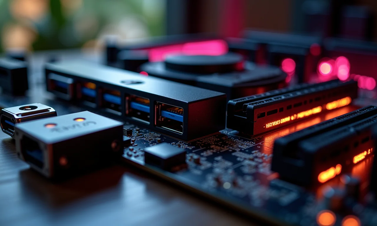 Painel traseiro de uma placa mãe mostrando as diversas opções de conectividade.