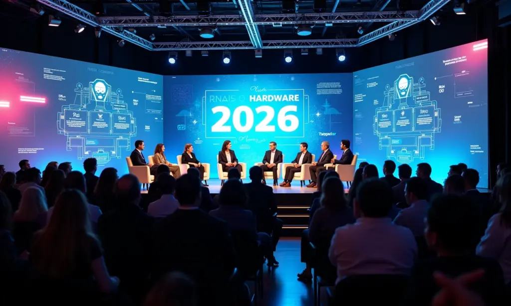 Participantes diversos em conferência de tecnologia discutindo o futuro do hardware em displays holográficos.