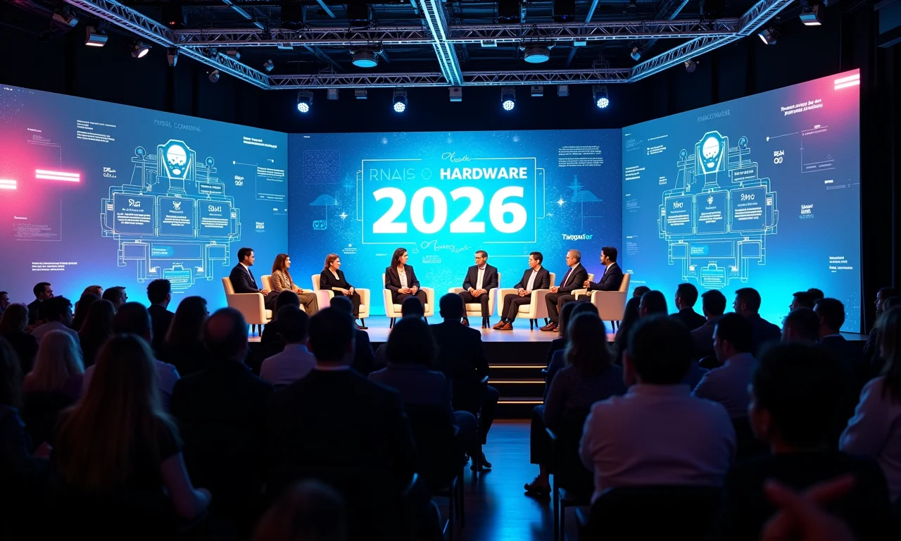 Participantes diversos em conferência de tecnologia discutindo o futuro do hardware em displays holográficos.