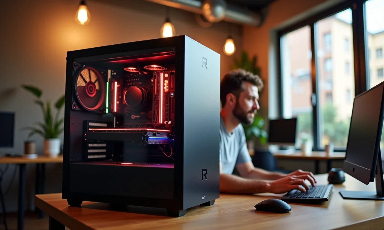 PC AMD Ryzen 5 em um espaço de co-working brasileiro, ideal para projetos de áudio.