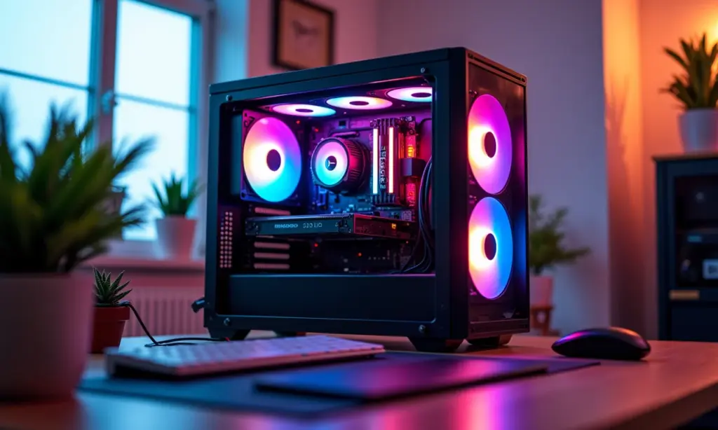 PC gamer montado para streaming com componentes visíveis.