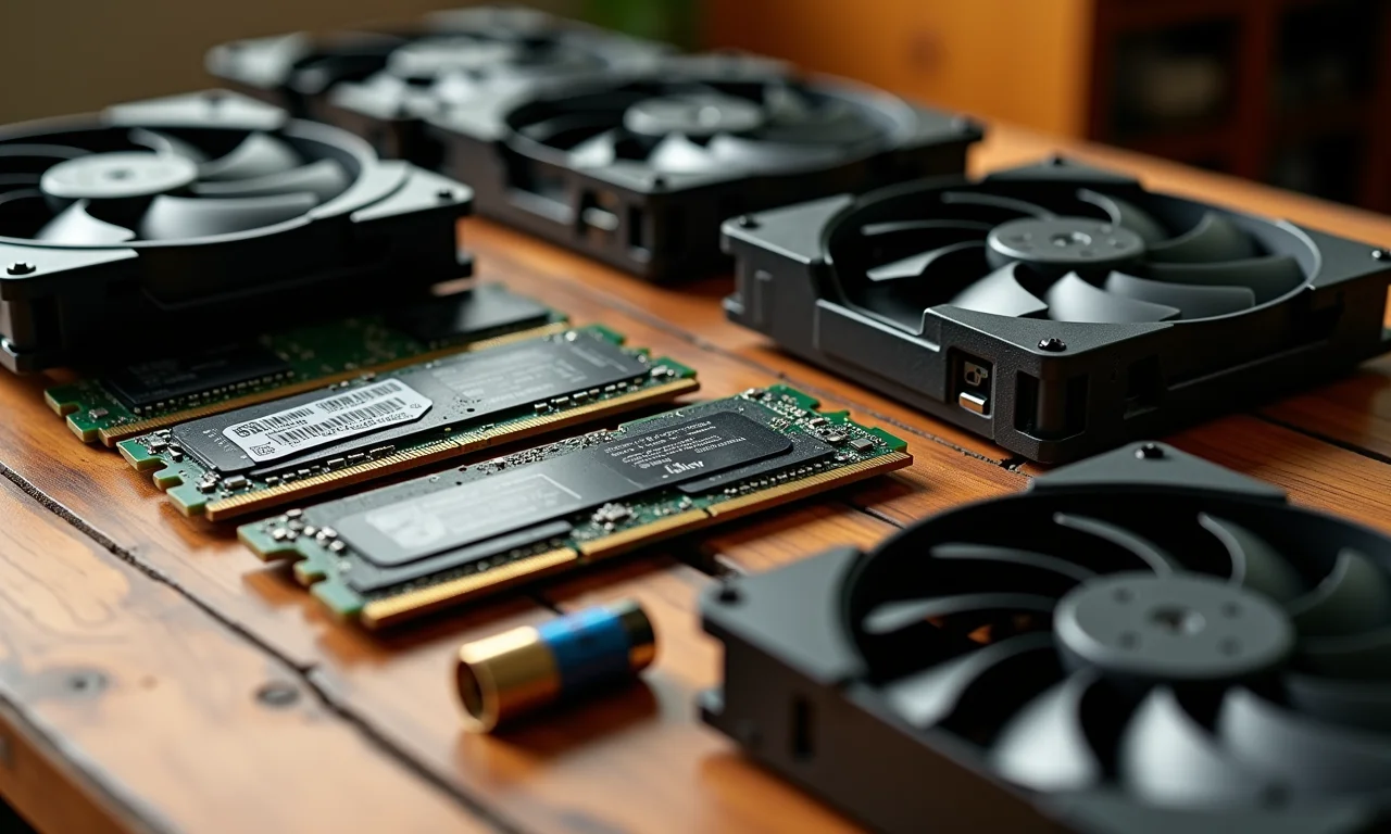 Peças de computador organizadas em uma mesa de madeira.