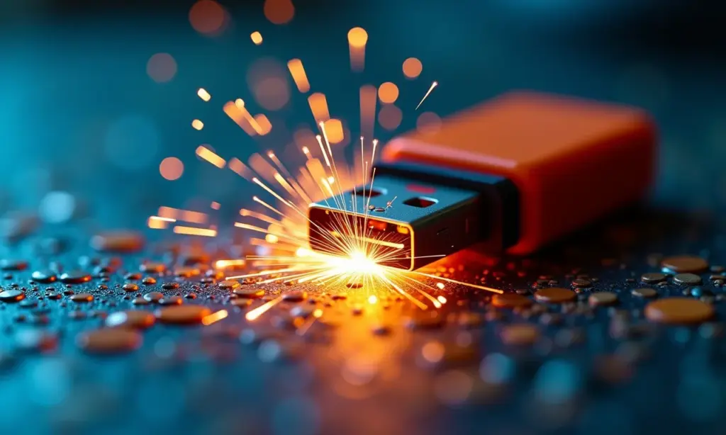 Pendrive danificado com faíscas em mesa colorida, representando perda de dados.