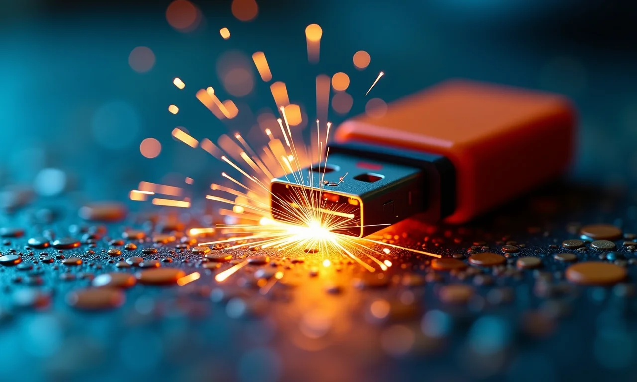 Pendrive danificado com faíscas em mesa colorida, representando perda de dados.