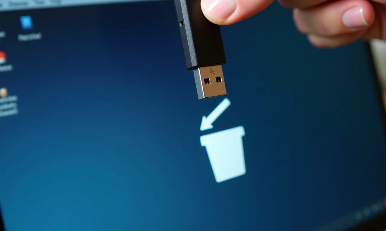 Pendrive sendo arrastado para a lixeira no computador.