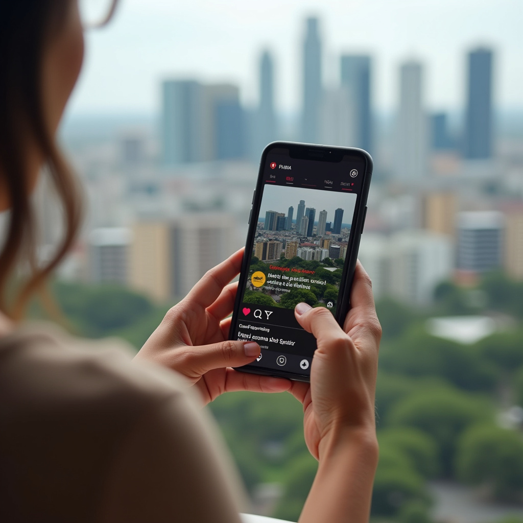 Person viewing personalized ads on a smartphone, with Brazilian cityscape in the background. Pessoa vendo anúncios personalizados em um smartphone.