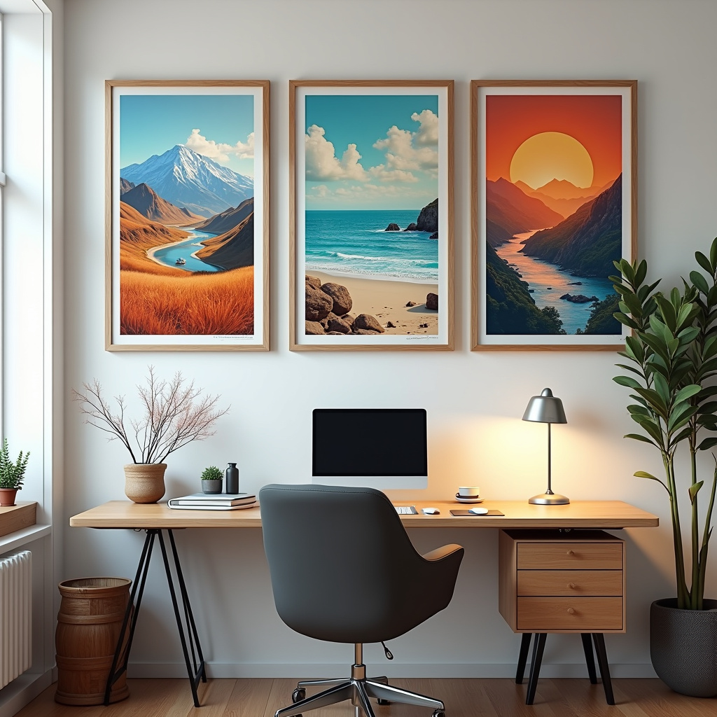 Home office personalizado com quadros e posters.