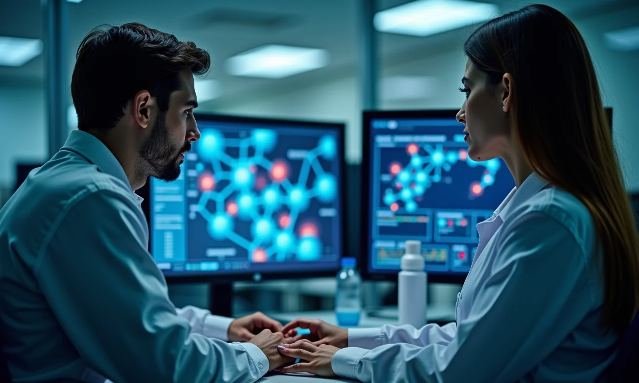 Pesquisadores analisando estruturas moleculares para descoberta de fármacos.