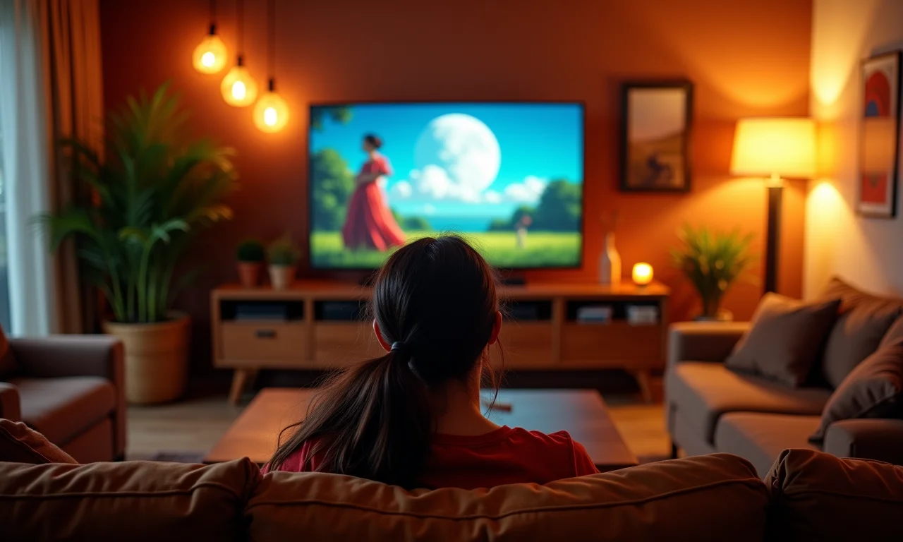 Pessoa assistindo filme em monitor HDR em sala aconchegante com estilo Farm Rio.