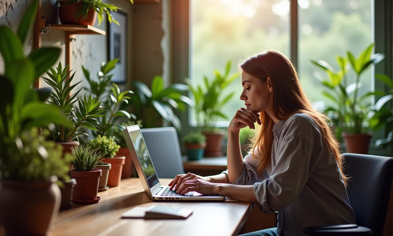 Pessoa digitando um nome de domínio em um laptop, escritório estilo Farm Rio.