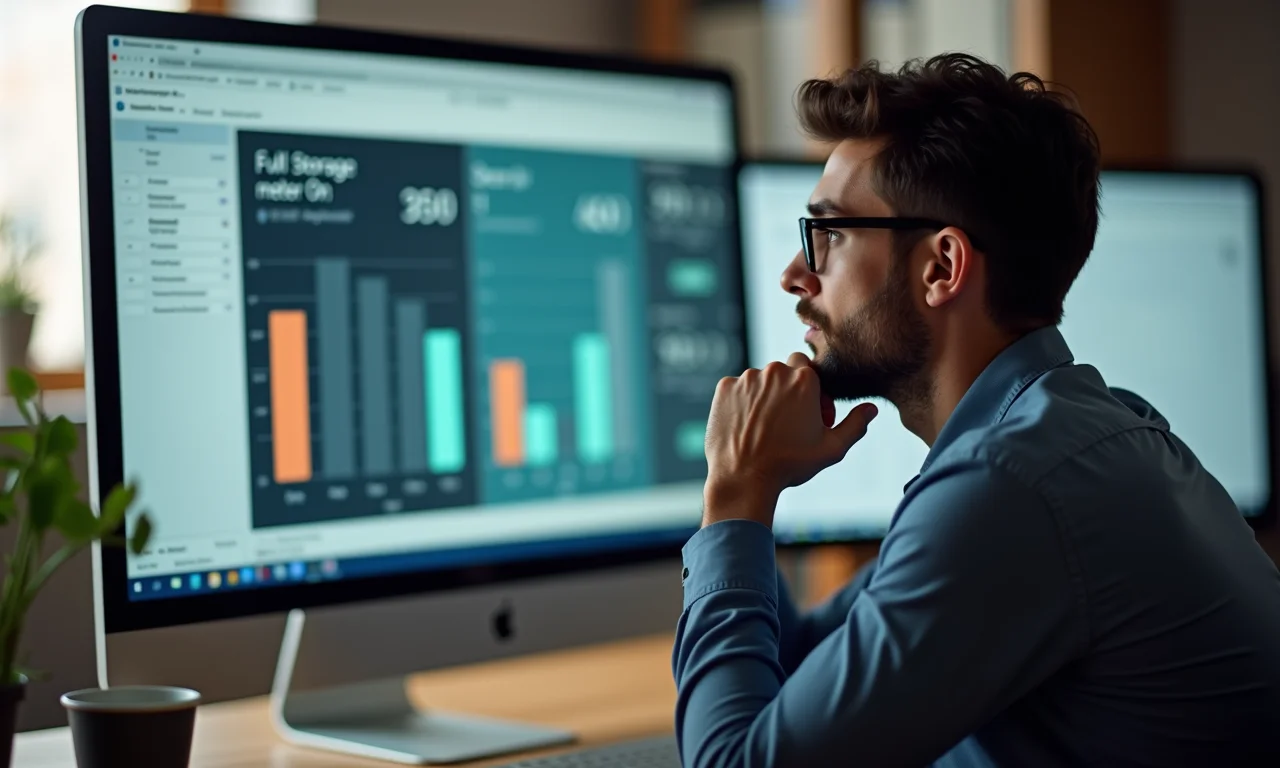 Pessoa olhando para tela dividida: espaço de armazenamento gratuito vs. pago.