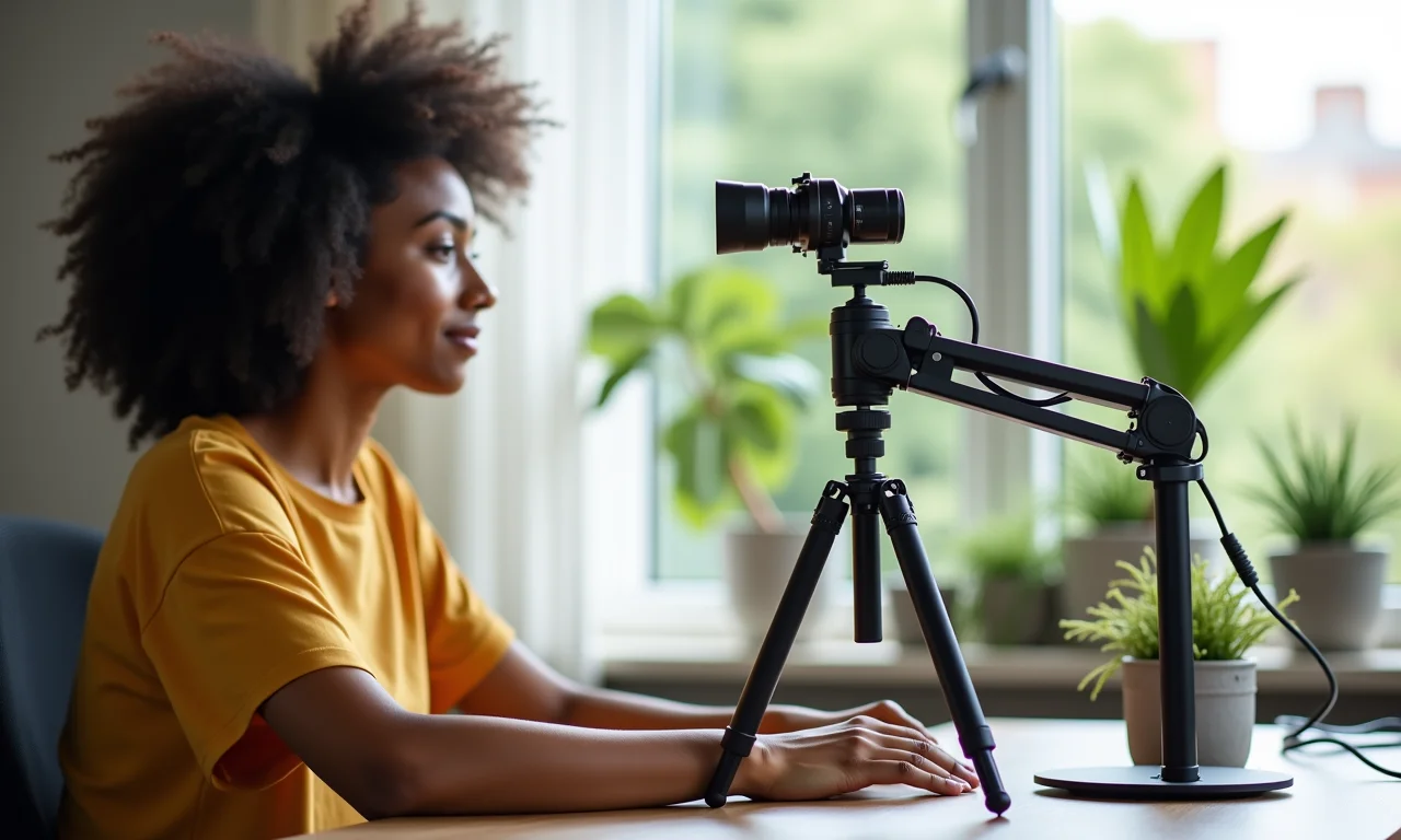 Pessoa sentada confortavelmente usando uma webcam em um tripé que melhora sua postura.