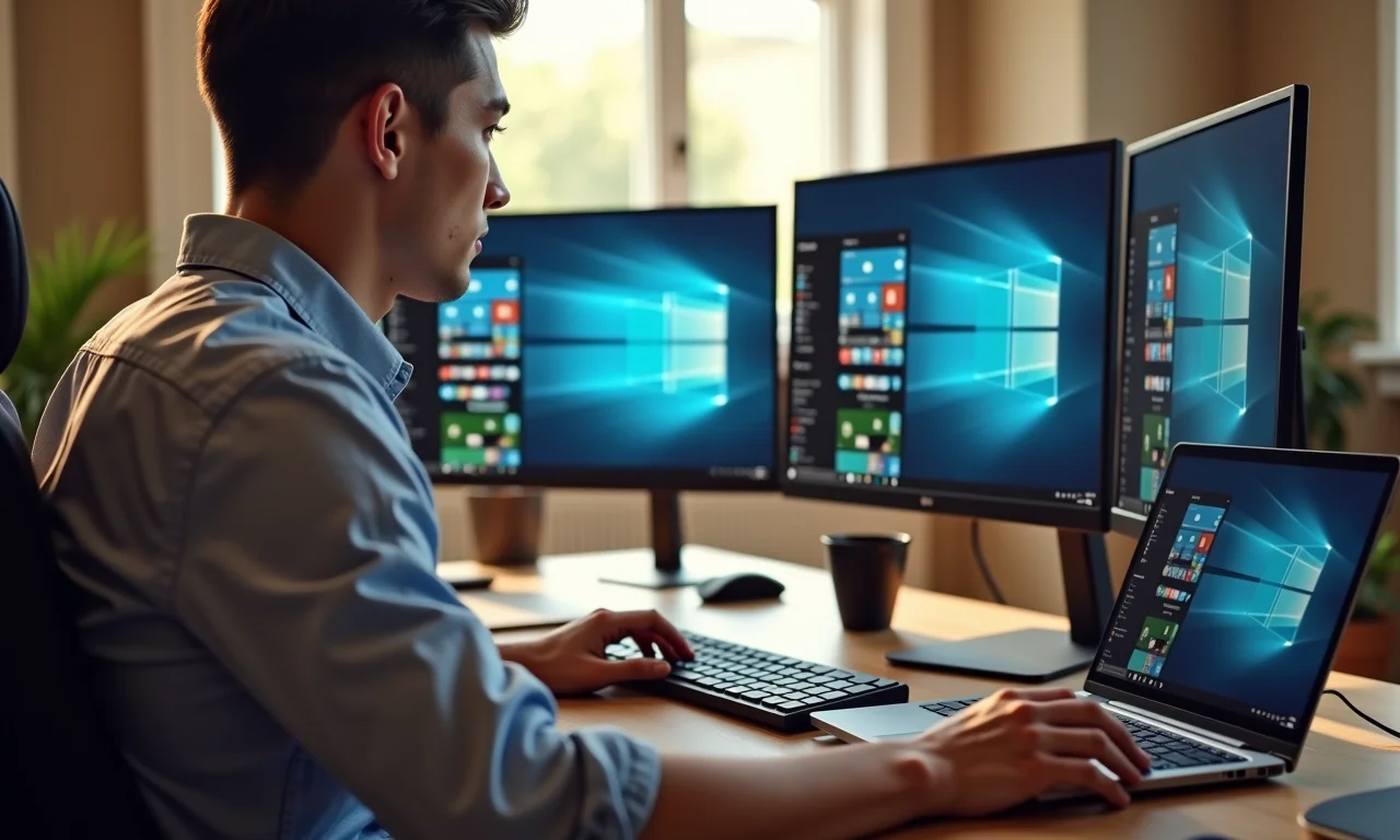 Pessoa trabalhando com notebook conectado a docking station e dois monitores, aumentando a produtividade.