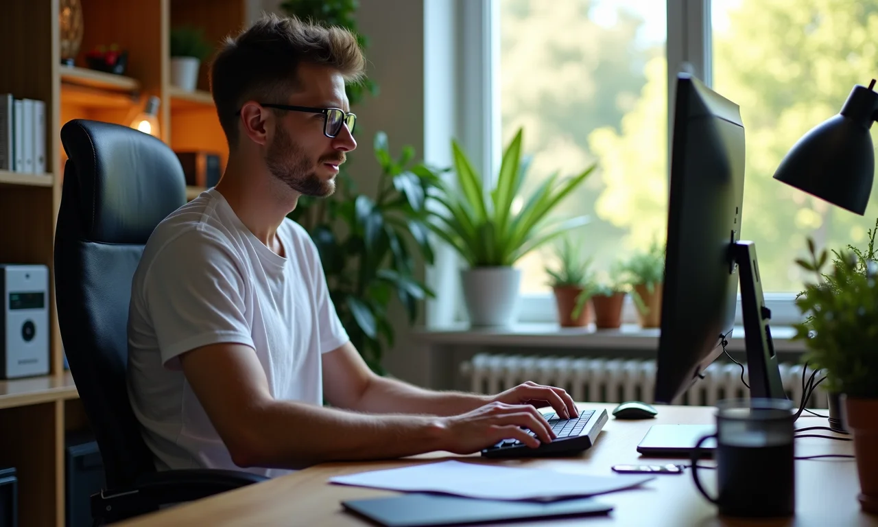 Pessoa trabalhando em tarefas cotidianas em um escritório moderno com PC equipado com 13600K.