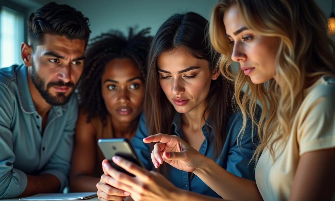 Pessoas olhando desconfiadas para um email suspeito em um smartphone.