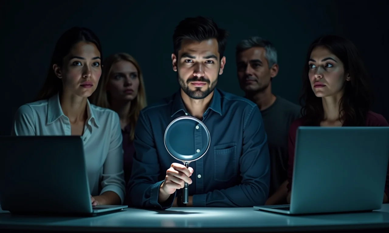 Pessoas preocupadas olhando para uma lupa digital sobre dados online, representando as preocupações com discriminação no FLoC.