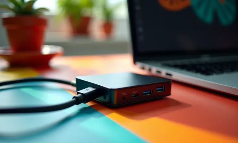 Placa de som externa USB conectada a um laptop moderno.