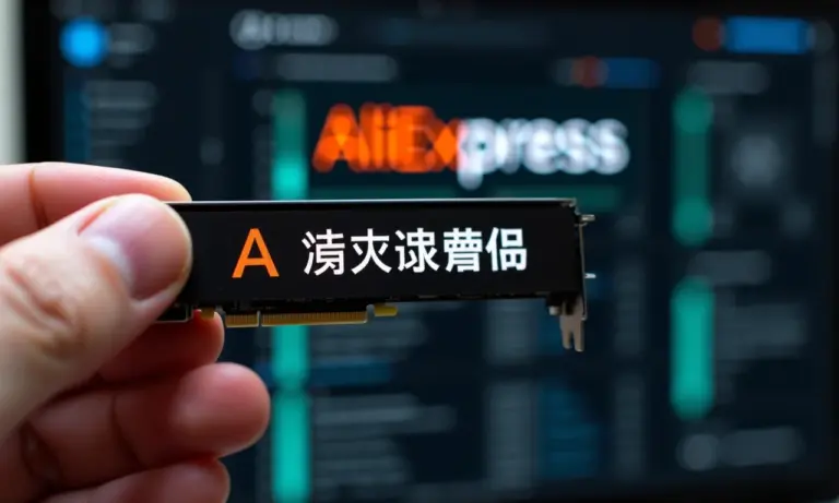 Placa de vídeo chinesa comprada no AliExpress sendo segurada por uma mão.