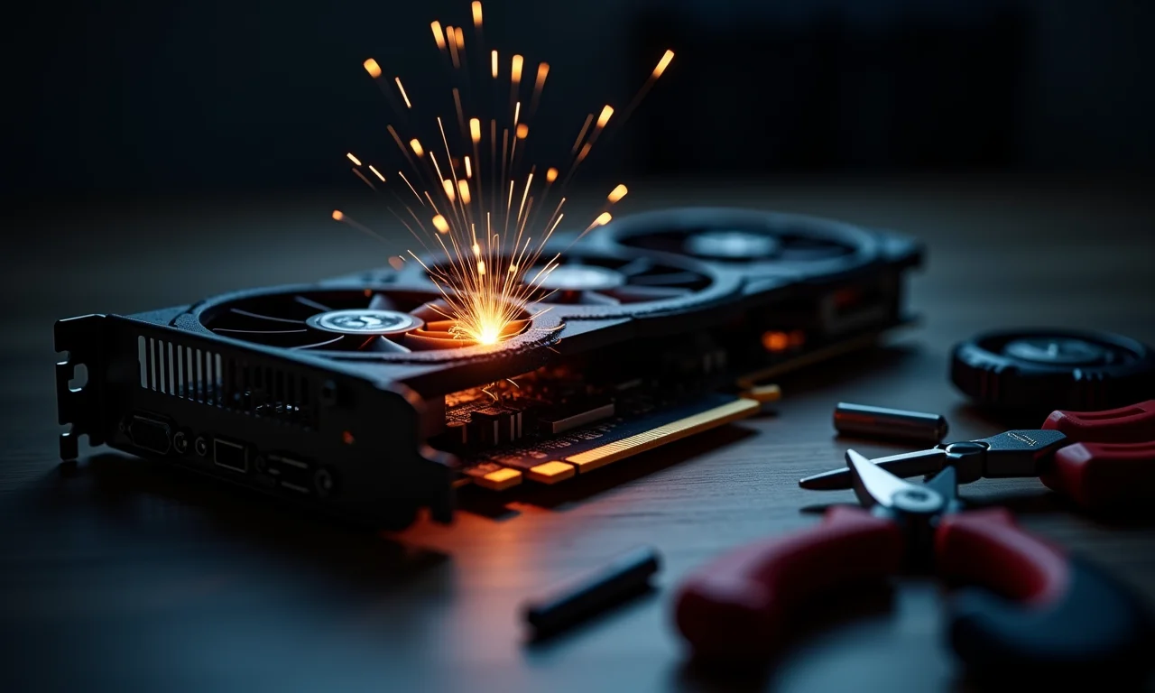 Placa de vídeo chinesa quebrada com faíscas e ferramentas ao redor.