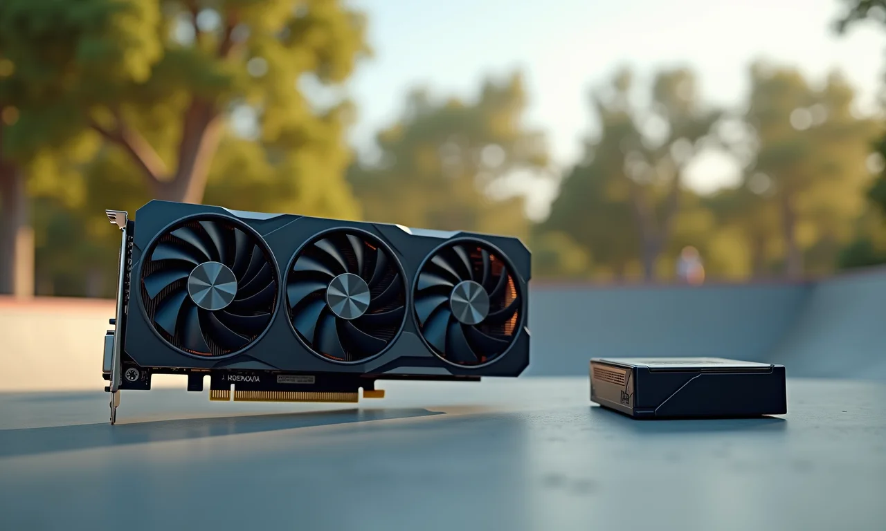 Placa de vídeo de alta performance instalada ao lado de um processador, com um skate park ao fundo.